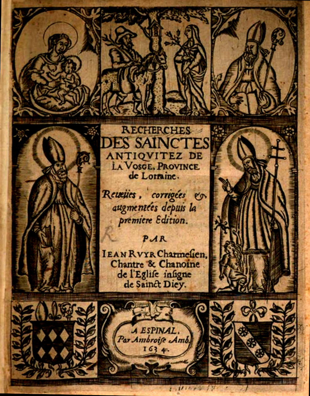 La page de garde de l'édition de 1634 de <i>Recherches des sainctes antiquitez de la Vosge</i> dûe à Amb. Ambroise.<br>À gauche saint Dieudonné (Déodat),<br>à droite saint Hydulphe, continuateur symbolique de Déodat.