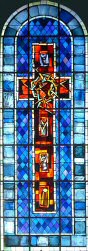 Croix, couronne d'épines et instruments de la passion : roseau, mains, colonne